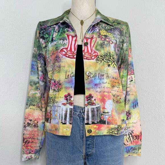 Whimsical Cafe Scene Print Jacket Lightweight Size Small Y2K Style - Picture 4 of 8
